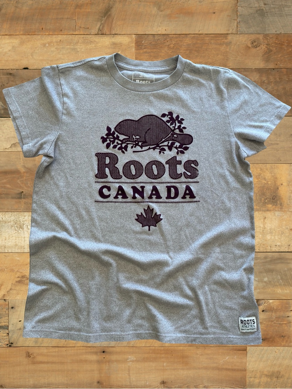 Roots Canada Beaver Logo T-Shirt Speckled Brown Flocked Graphic Size M